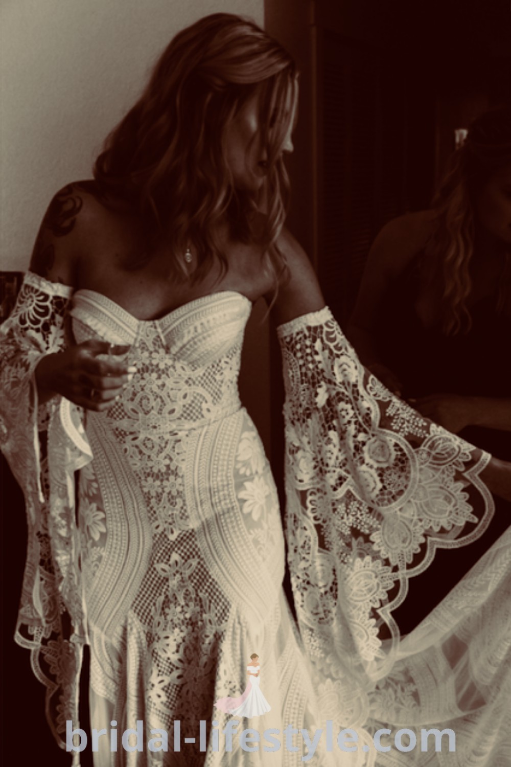 A woman in a white dress is walking, showcasing an edgy wedding dress that embodies bohemian and hippie wedding styles ideal for a forest theme wedding. This elegant design is perfect for every bride