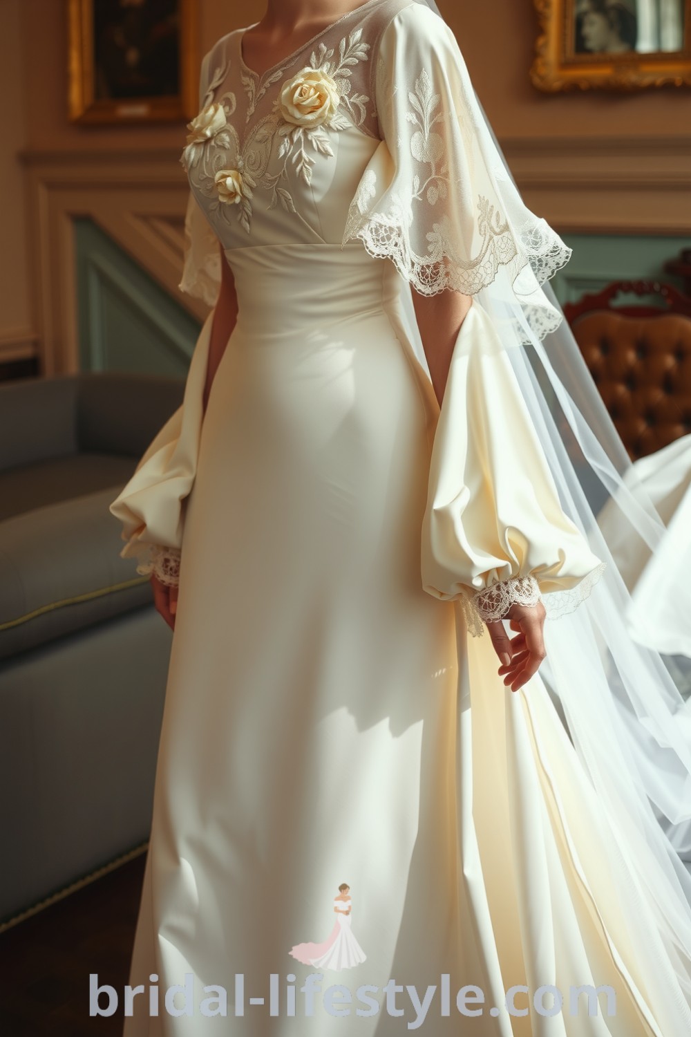 Elegant vintage Victorian wedding dress in ivory lace with a fitted satin bodice and long sleeves featuring floral embroidery, complemented by a romantic train. bridal-lifestyle.com