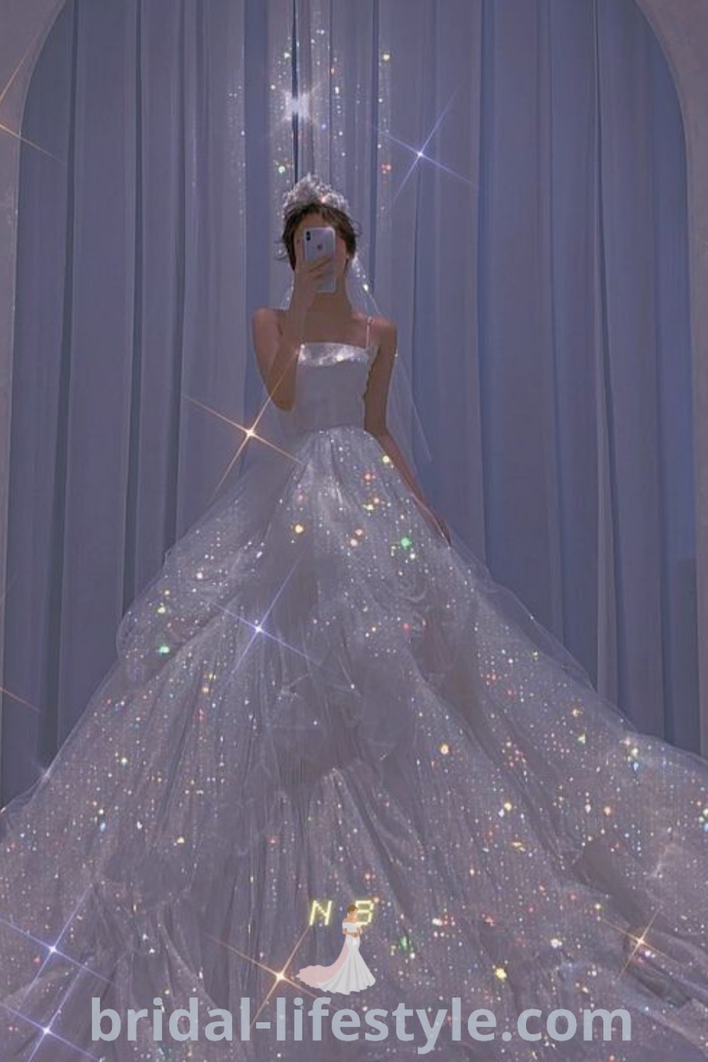 A woman in a white dress stands gracefully in front of a curtain, capturing the essence of elegance and romance, showcasing the best of glittery dresses on bridal-lifestyle.com, perfect for weddings and special occasions like 18th birthday debuts.