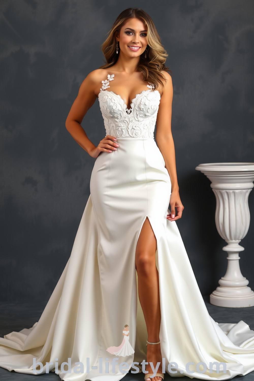 Fit and flare wedding dress made of luxurious satin, featuring a sweetheart neckline with lace appliqués, a front slit, and a flared silhouette at the knees. bridal-lifestyle.com