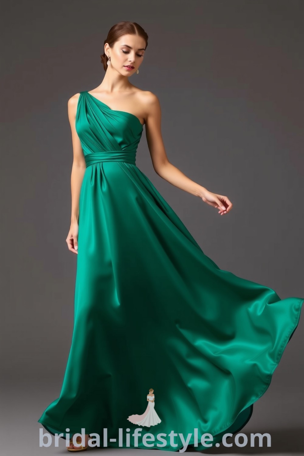 One-shoulder emerald bridesmaid dress with luxurious satin, flattering silhouette, and delicate ruching at the bodice, featuring a soft cascading skirt for a romantic look. bridal-lifestyle.com