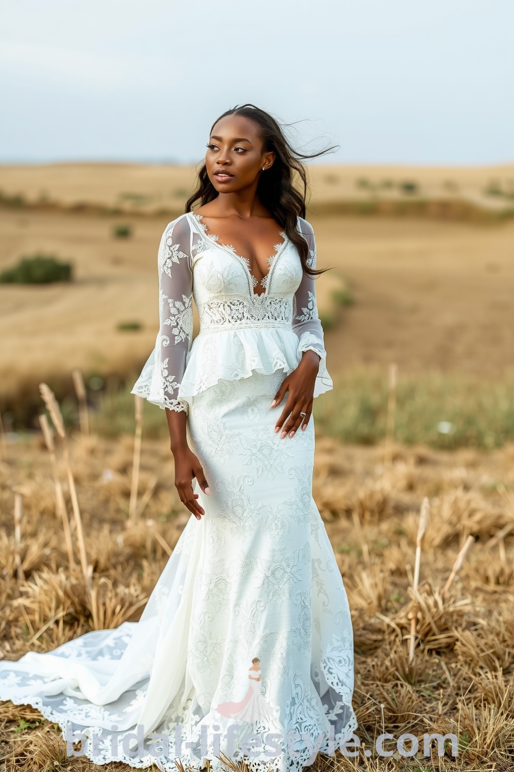 A Black bride in a boho long sleeve lace wedding dress with an A-line silhouette, featuring flowing sleeves and a sweetheart neckline, set against a whimsical outdoor backdrop. bridal-lifestyle.com