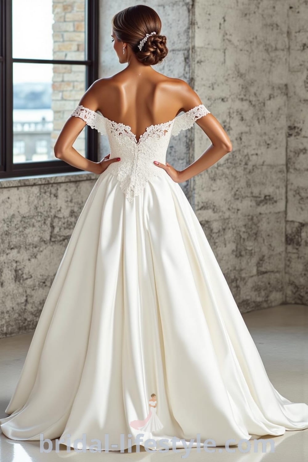 A-line wedding dress with off-the-shoulder design, luxurious satin skirt, and intricate lace appliqués on the bodice. Ideal for weddings in any setting. bridal-lifestyle.com