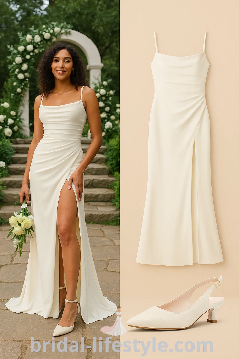 Mermaid Simple Satin dress in ivory with a fitted silhouette and thigh-high slit, paired with ivory slingback heels, simple gold earrings, and a white and green floral bouquet, showcasing a sophisticated and romantic aesthetic, perfect for weddings and formal events, available at pinshoesoutfits.com