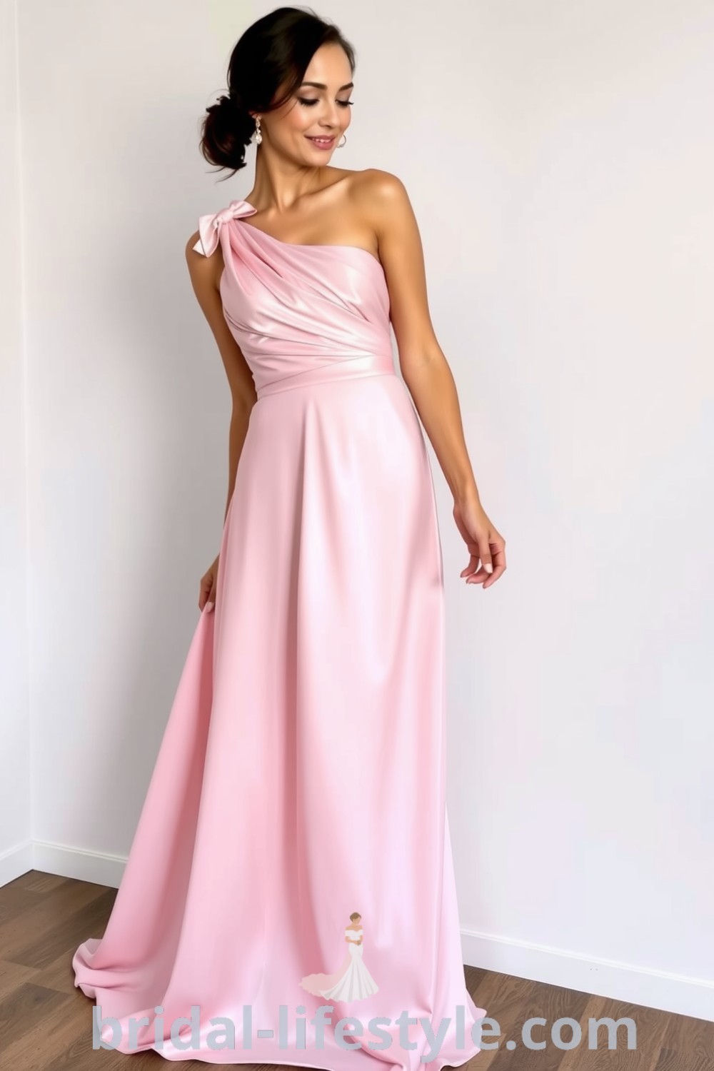 One shoulder pink bridesmaid dress made of flowing satin with an asymmetrical neckline, draped bodice, and soft A-line skirt. Ideal for elegant bridesmaid looks and romantic wedding inspirations. bridal-lifestyle.com