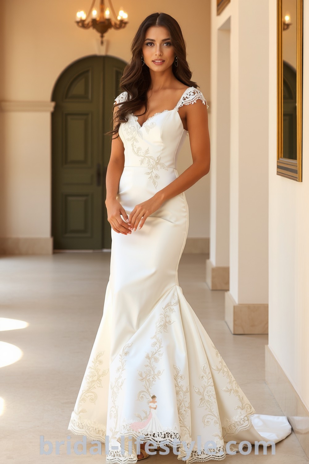 Elegant mermaid midi dress featuring luxurious satin fabric, delicate lace overlay with floral patterns, fitted bodice, and flared hem. bridal-lifestyle.com