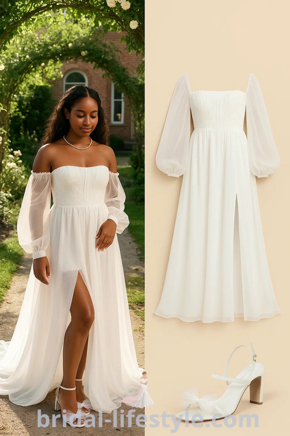 Elegant A-Line Lace wedding dress in white with off-the-shoulder puff sleeves and a slit, complemented by white strappy heels with bow detail and a simple pearl strand necklace, ideal for weddings and formal events, available at pinshoesoutfits.com.