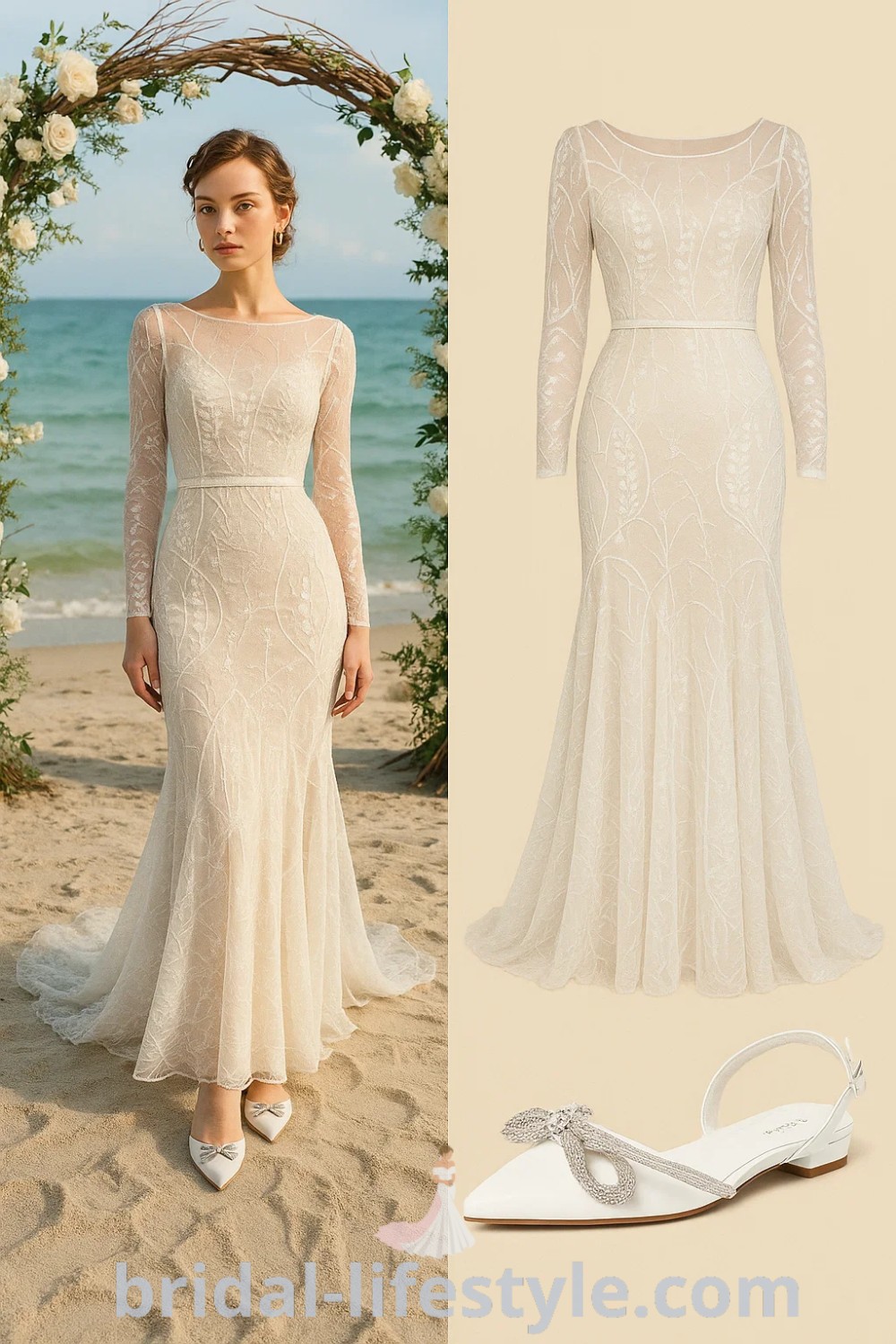 ivory fitted gown with flared hem, long-sleeved style, paired with white pointed toe flats, ideal for beach wedding, bohemian aesthetic, available on pinshoesoutfits.com