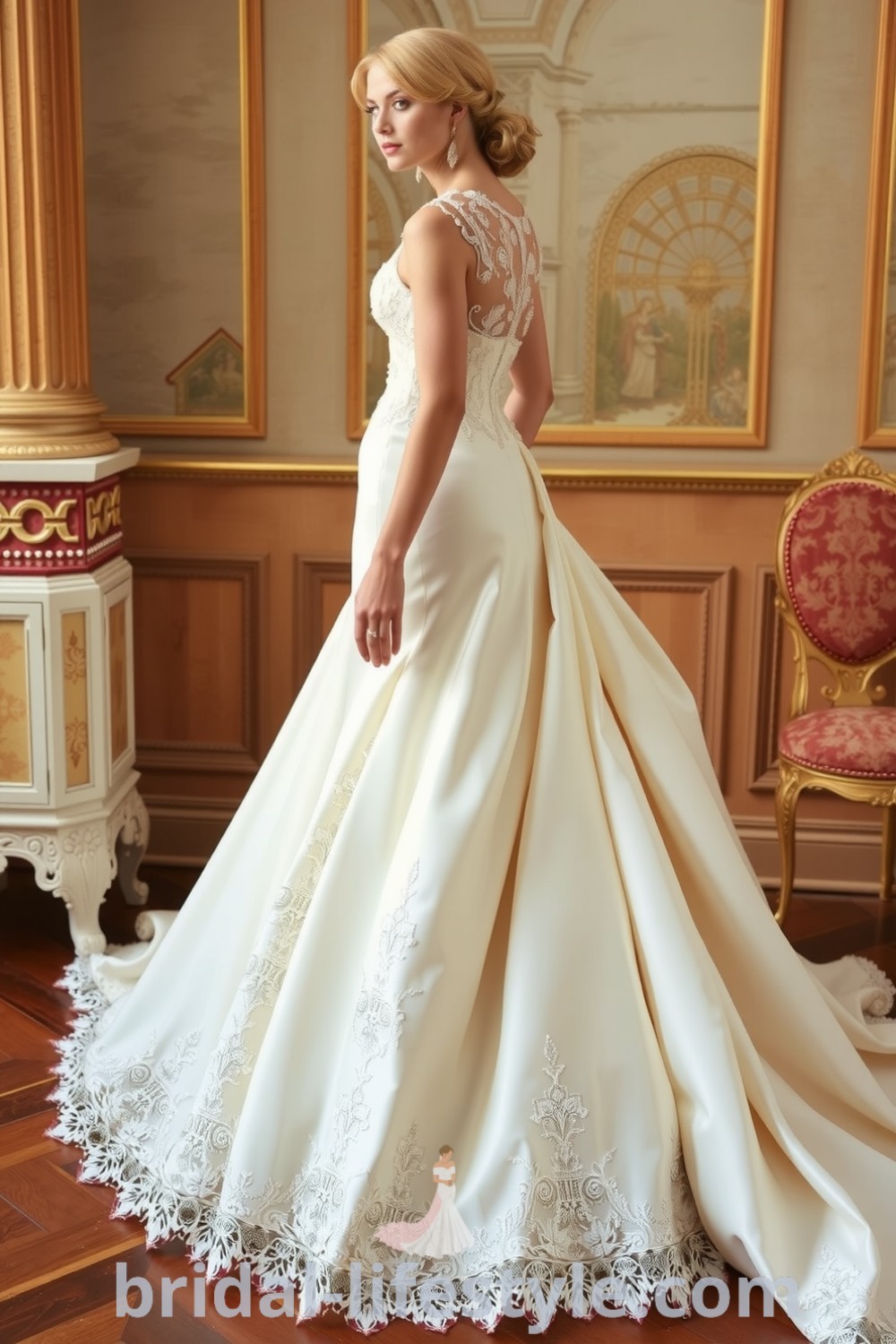 Stunning fit and flare wedding dress with intricately beaded lace, flowing from the knees to create a graceful silhouette. bridal-lifestyle.com