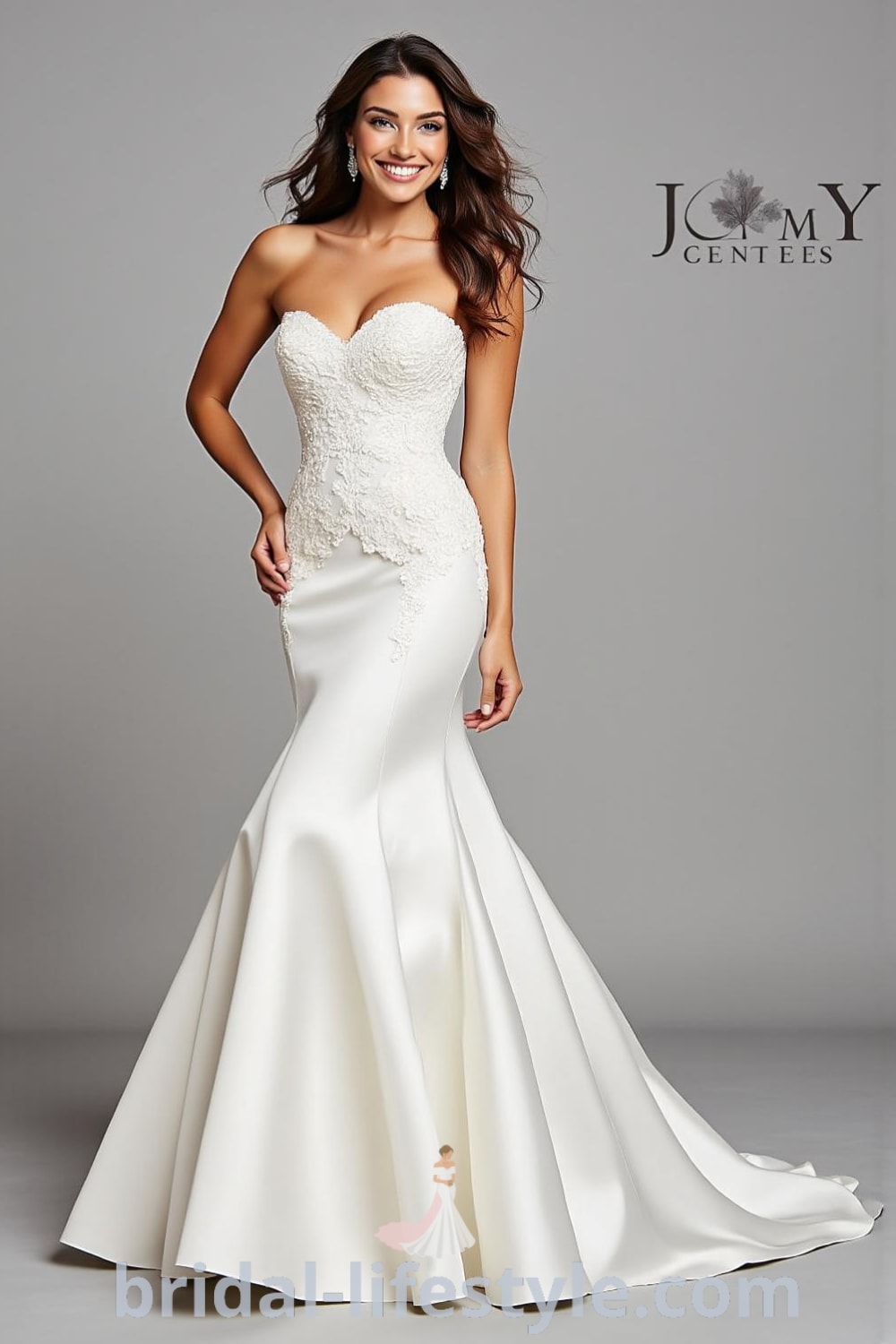 Mermaid wedding dress with strapless sweetheart neckline, luxurious satin fabric, and delicate lace appliqués on the fitted bodice, featuring a dramatic train. bridal-lifestyle.com