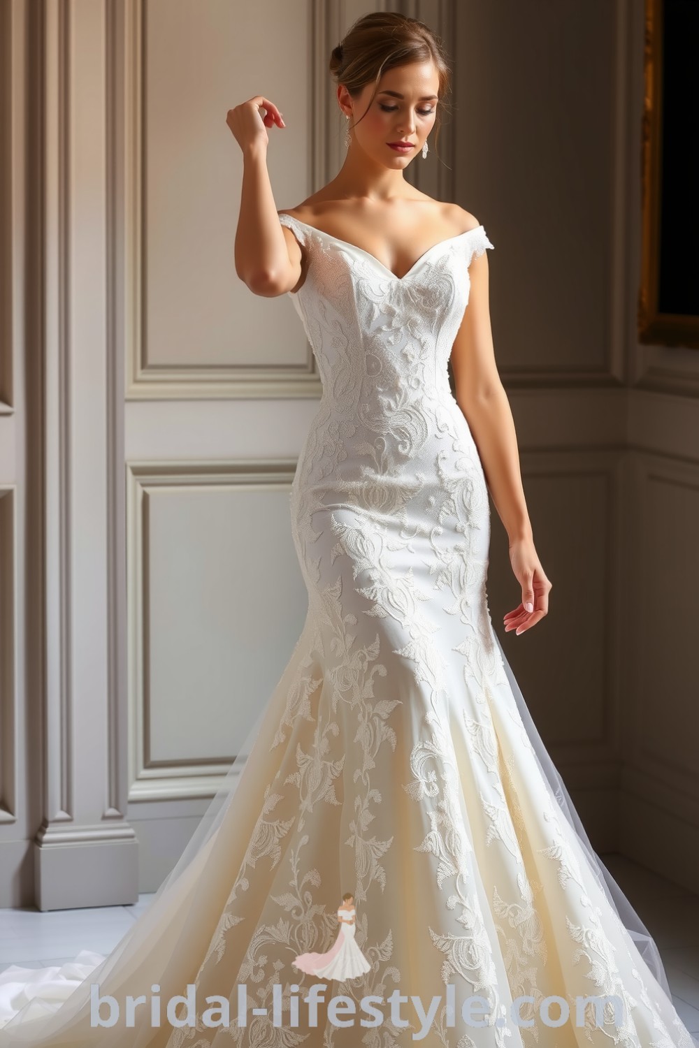 Fit and flare wedding dress with beaded lace, sweetheart neckline, and flared skirt showcasing sophistication and elegance. bridal-lifestyle.com