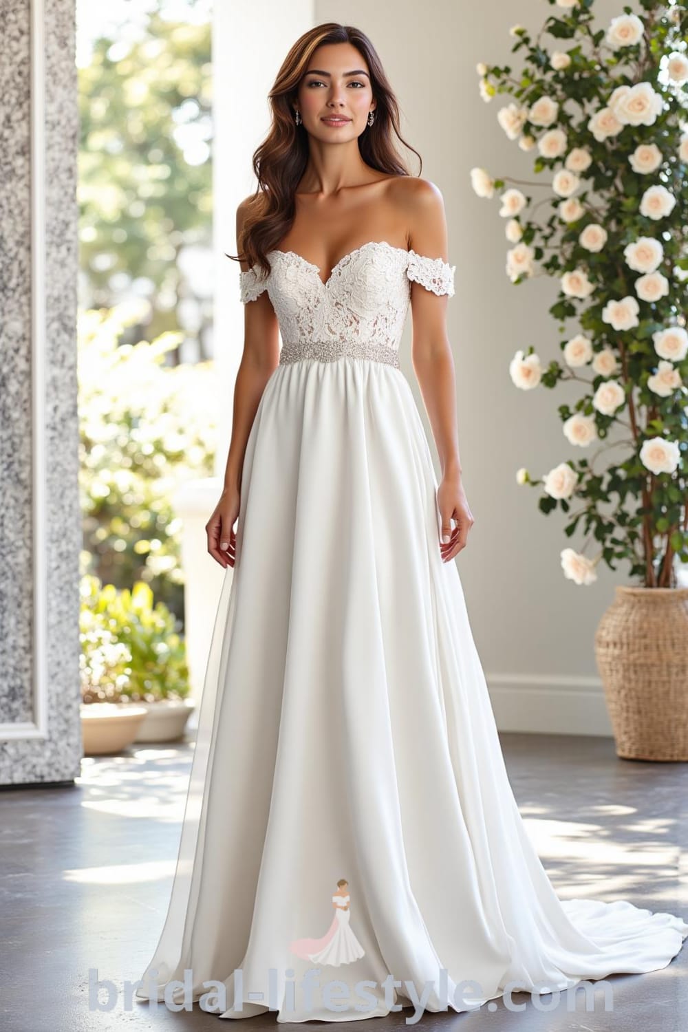 Elegant A-line off-the-shoulder wedding dress with luxurious satin fabric, intricate lace detailing on the bodice, soft romantic sleeves, and a sweeping train. bridal-lifestyle.com