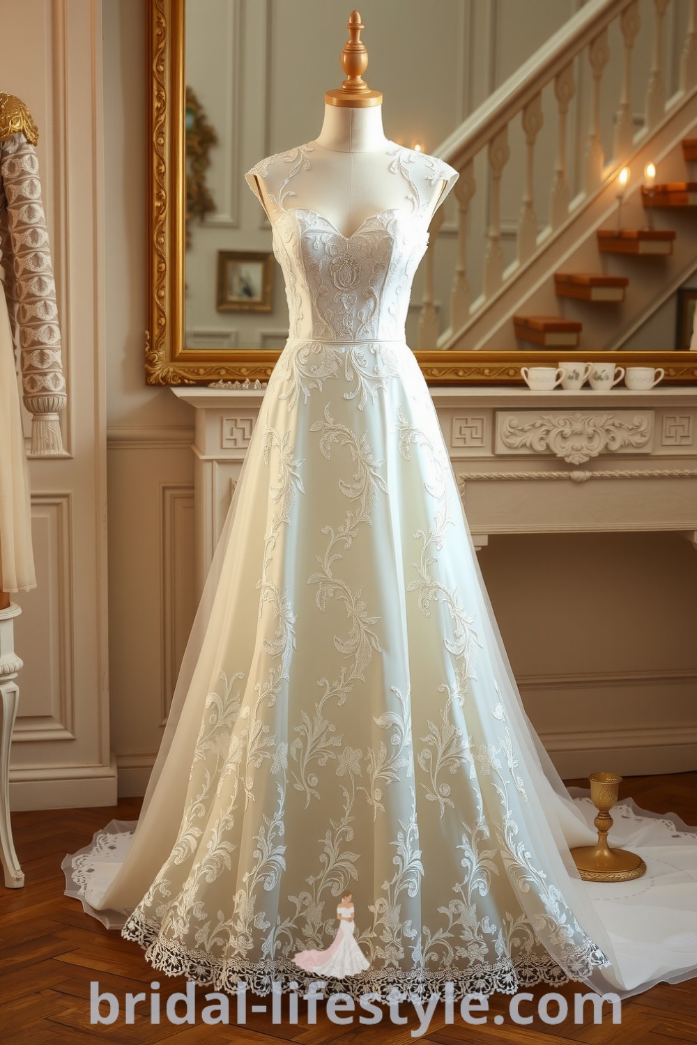 Vintage lace wedding dress with intricate appliqués, fitted bodice, soft A-line skirt, delicate cap sleeves, and a sweetheart neckline. bridal-lifestyle.com