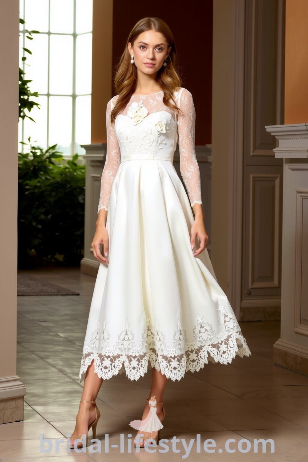 Charming midi wedding dress with airy lace and soft satin, A-line silhouette, scalloped hem, and floral appliqués for romantic elegance. bridal-lifestyle.com