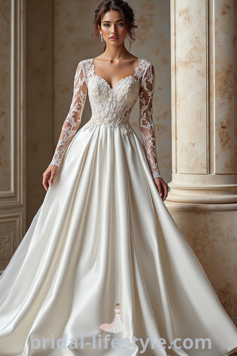A-line wedding dress with intricate lace long sleeves, soft satin skirt, illusion neckline, and floral appliqués on the bodice. bridal-lifestyle.com