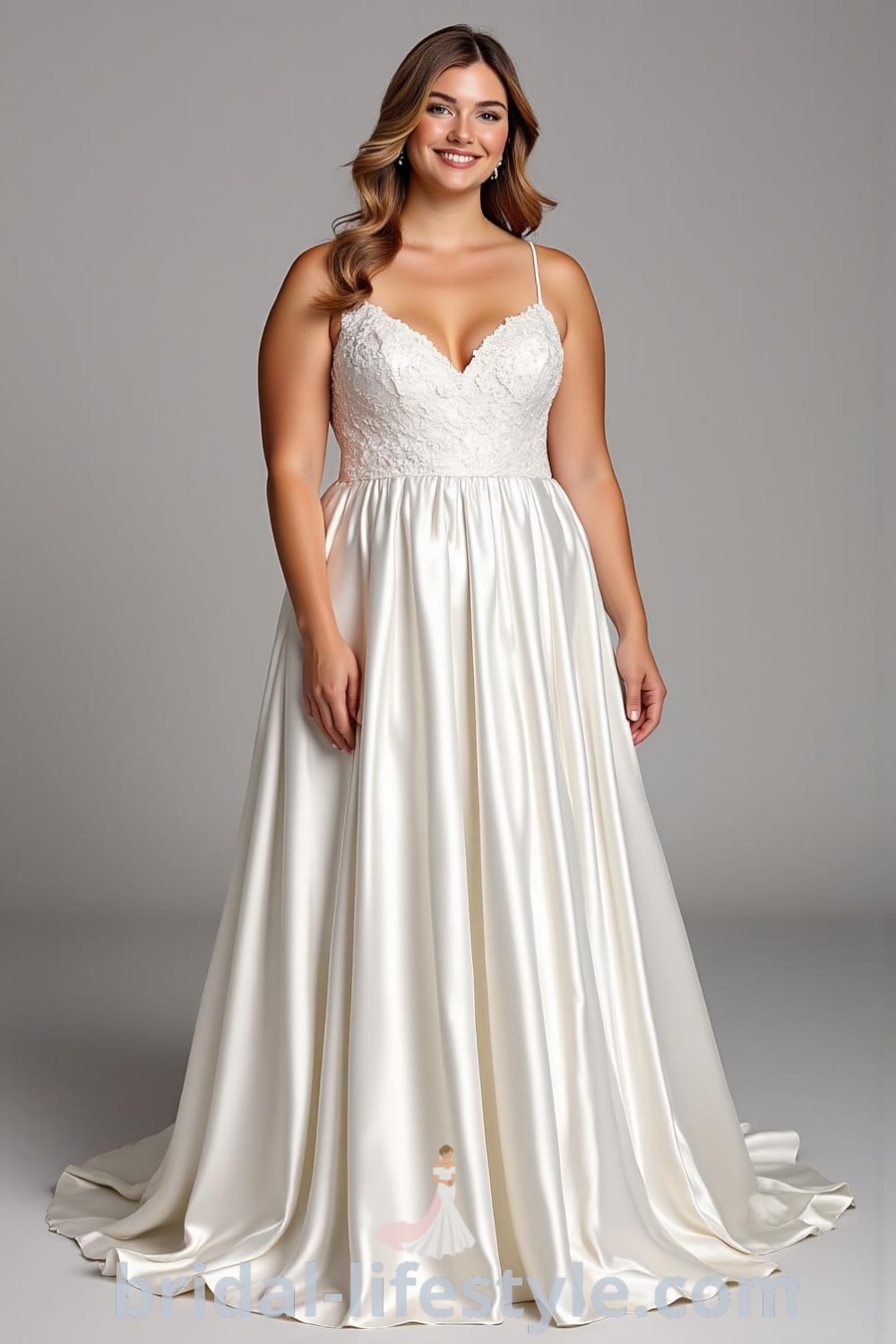 Elegant A-line wedding dress designed for plus-size brides, featuring satin fabric, floral lace appliqués, delicate spaghetti straps, and a flowing skirt for graceful movement. bridal-lifestyle.com