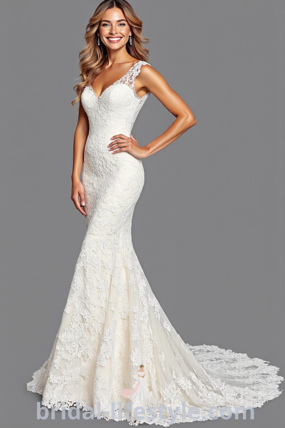 Stunning mermaid wedding dress with intricate lace, sweetheart neckline, cap sleeves, and a dramatic train, featuring a subtle illusion back with concealed buttons. bridal-lifestyle.com