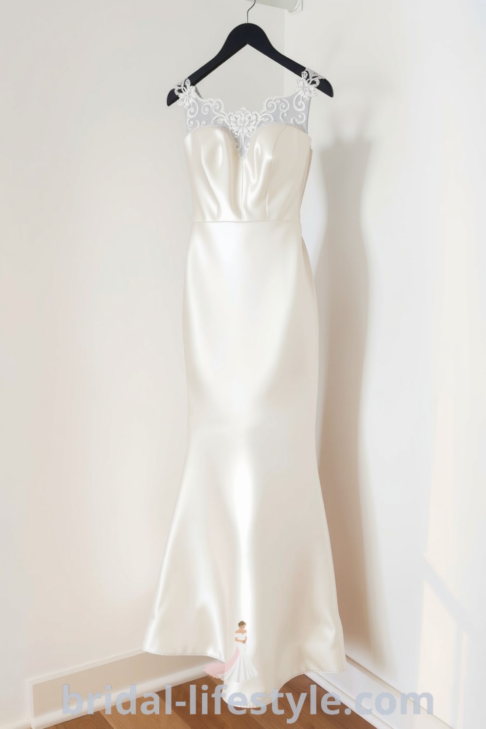 Mermaid-style midi wedding dress in luxurious satin with lace detailing on the bodice and hem, featuring a flounce at the knee for graceful movement. bridal-lifestyle.com