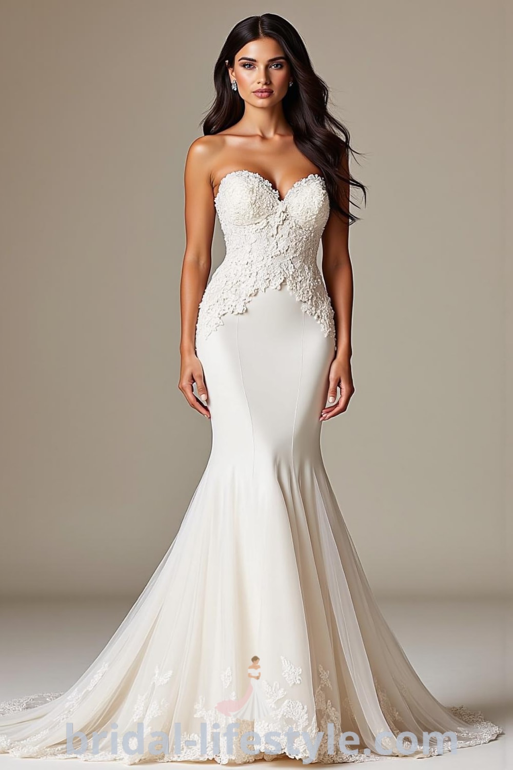 Mermaid wedding dress featuring a strapless bodice with lace appliqués, a fitted silhouette that flares at the knee, and a shimmering train. bridal-lifestyle.com