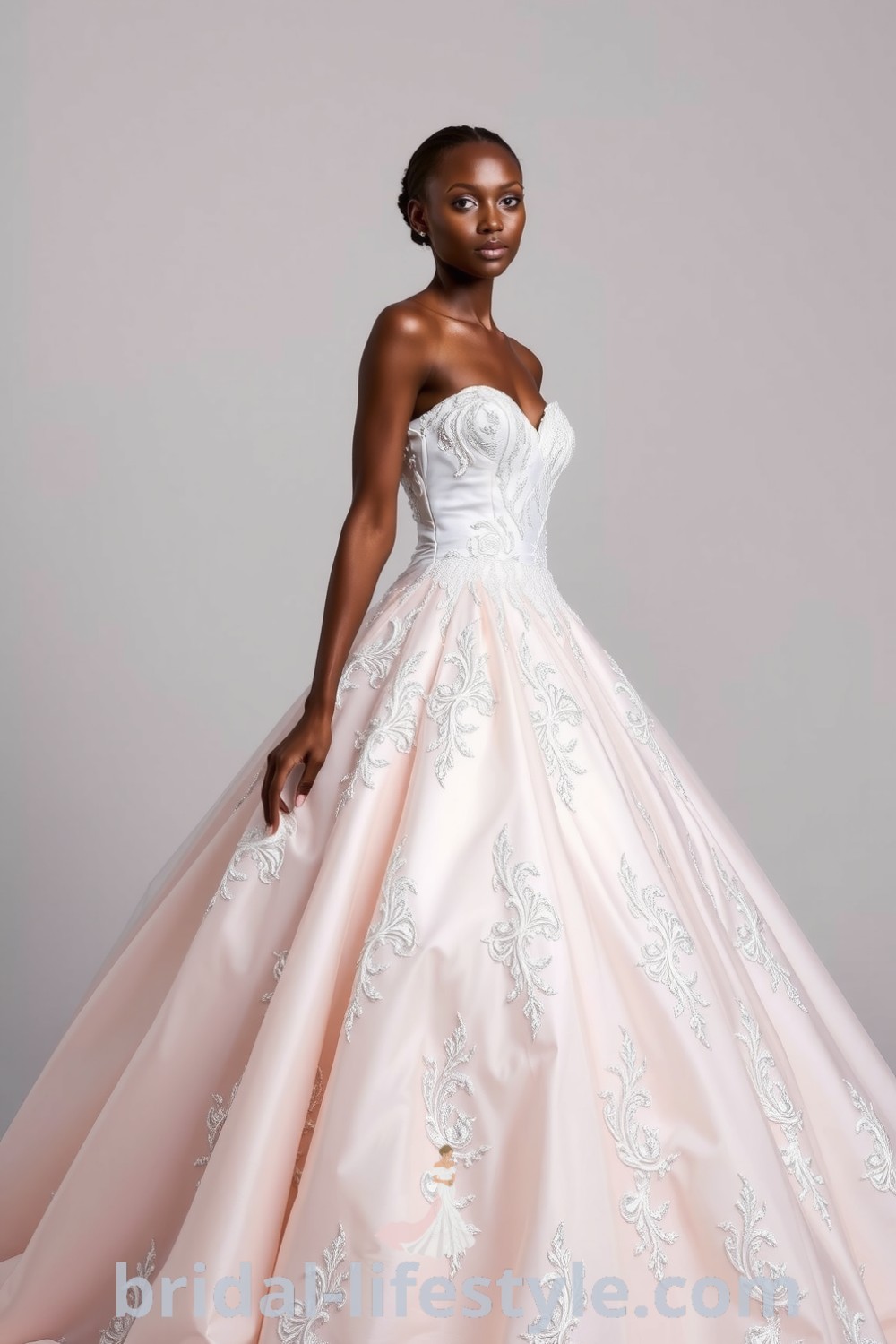 Stunning Princess Glitter wedding dress for Black brides, featuring luxurious satin, lace appliqués, voluminous ball gown skirt, sweetheart neckline, and delicate beading. bridal-lifestyle.com