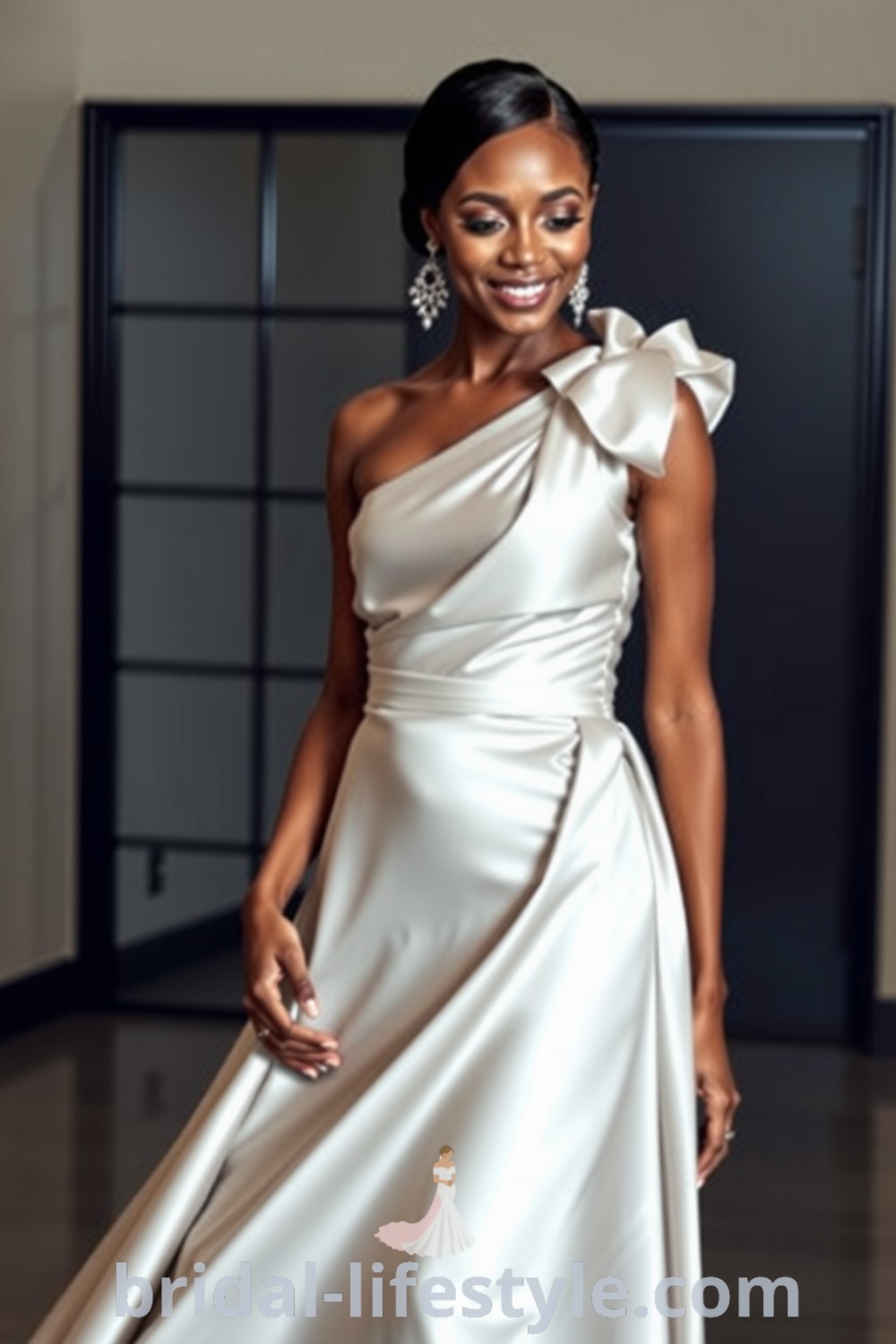 One-shoulder satin bridesmaid dress with side slit and gathering at the shoulder, showcasing elegant silhouette and luxurious fabric. bridal-lifestyle.com