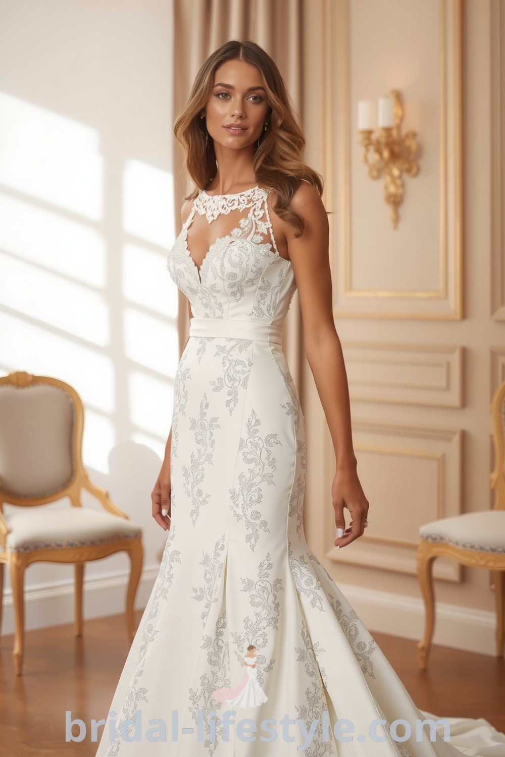 Fit and flare wedding dress adorned with beaded lace, hugging the silhouette and flaring at the hem, creating a shimmer effect. bridal-lifestyle.com