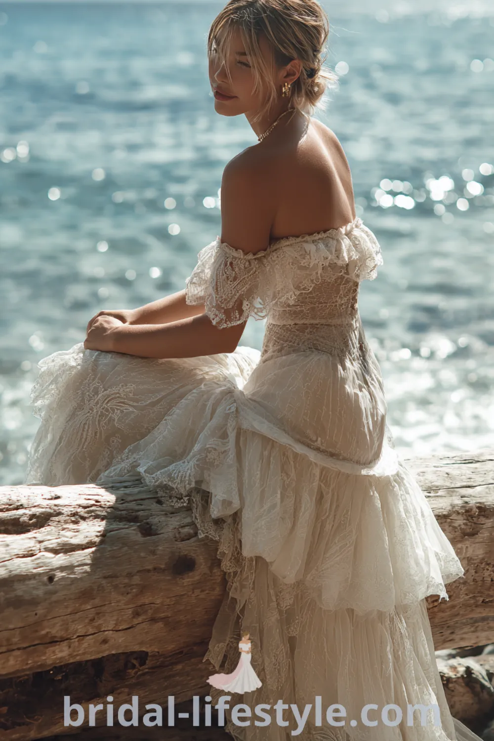 Boho beach wedding dress with off-shoulder lace, tropical destination wedding, airy beach wedding dress, relaxed beach bridal.