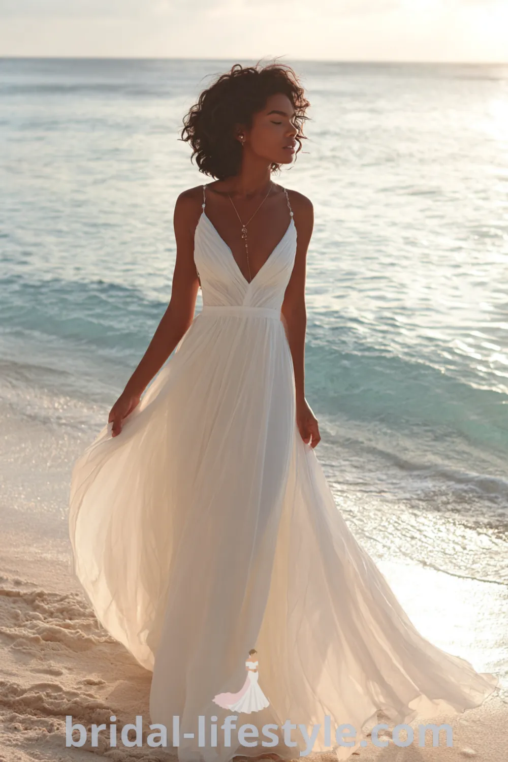 Bohemian beach bridal gown with airy chiffon skirt, open back beach gown, relaxed bridal look, stunning Black bride.
