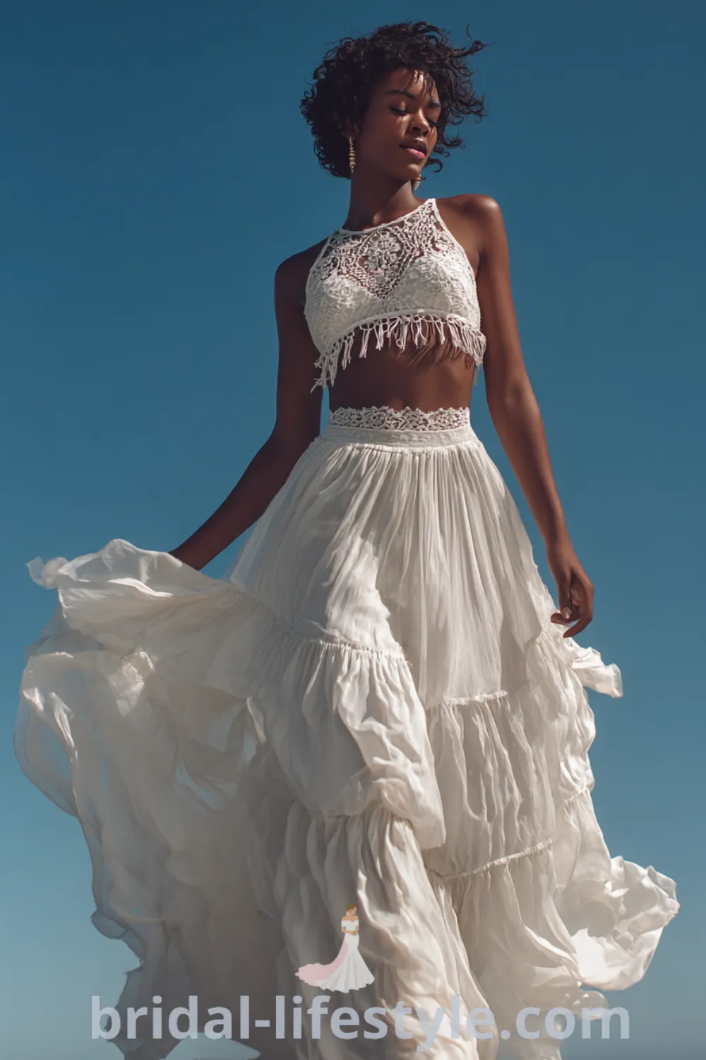 Boho beach wedding dress with flowy chiffon skirt, lightweight lace details, effortless romance, tropical destination wedding.