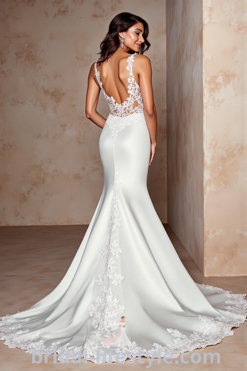 A mermaid wedding dress in luxurious satin with a sweetheart neckline, intricate lace appliqués, and a detachable tulle train, featuring a soft shimmer that enhances elegance. bridal-lifestyle.com