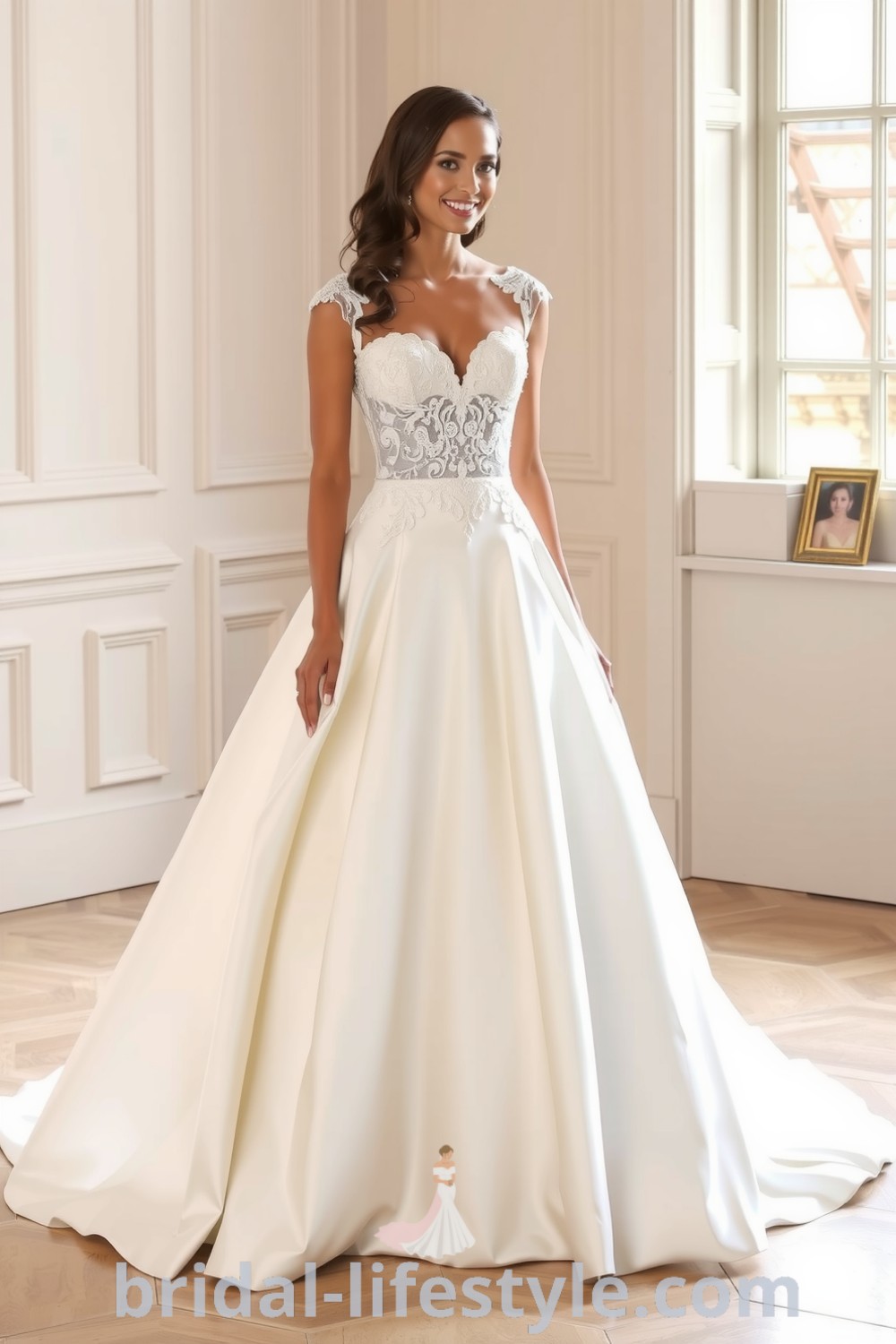 Elegant white gown with intricate lace appliqué, fitted bodice, voluminous satin skirt, sweetheart neckline, and chapel-length train, ideal for dreamy brides seeking inspiration for their special day. bridal-lifestyle.com