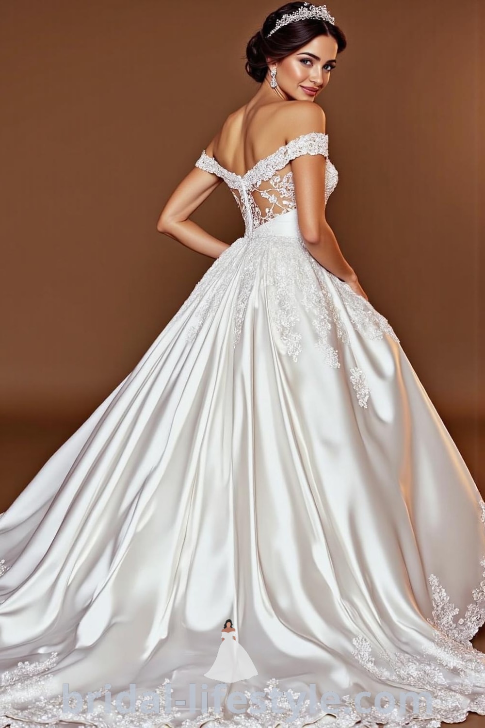 Princess Tail wedding dress with a fitted lace bodice, voluminous satin skirt adorned with embroidery and sequins, off-the-shoulder straps, and a subtle train. bridal-lifestyle.com