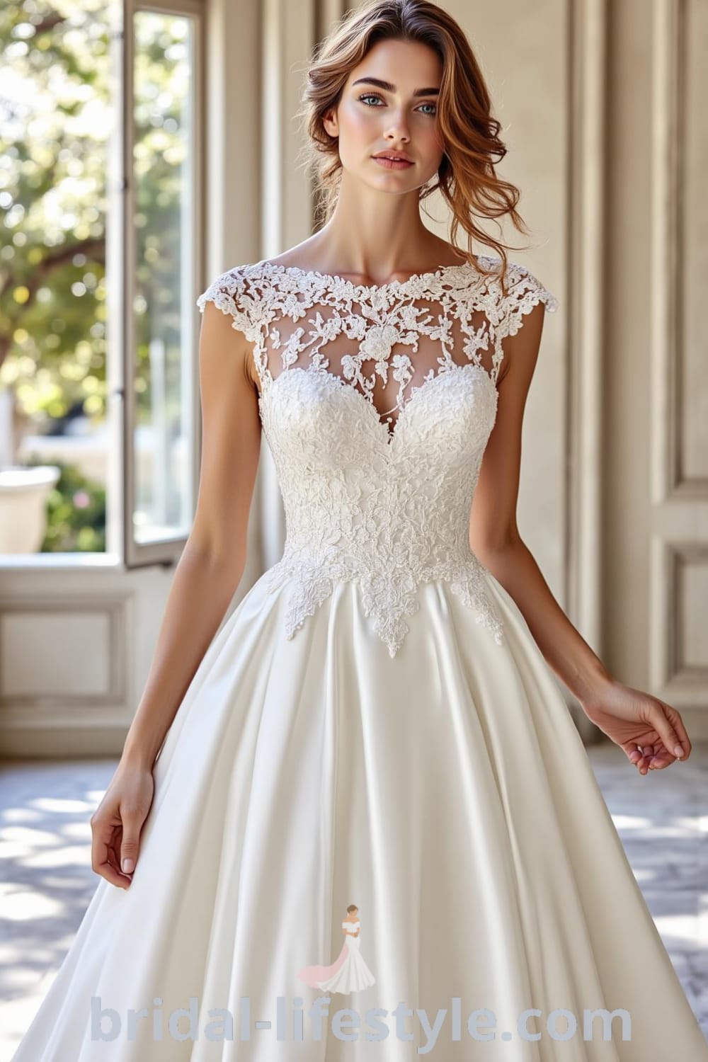 A-line wedding dress with intricate lace appliqués, a fitted bodice, billowing satin skirt, cap sleeves, sweetheart neckline, and a lace back, beautifully designed for elegance. bridal-lifestyle.com