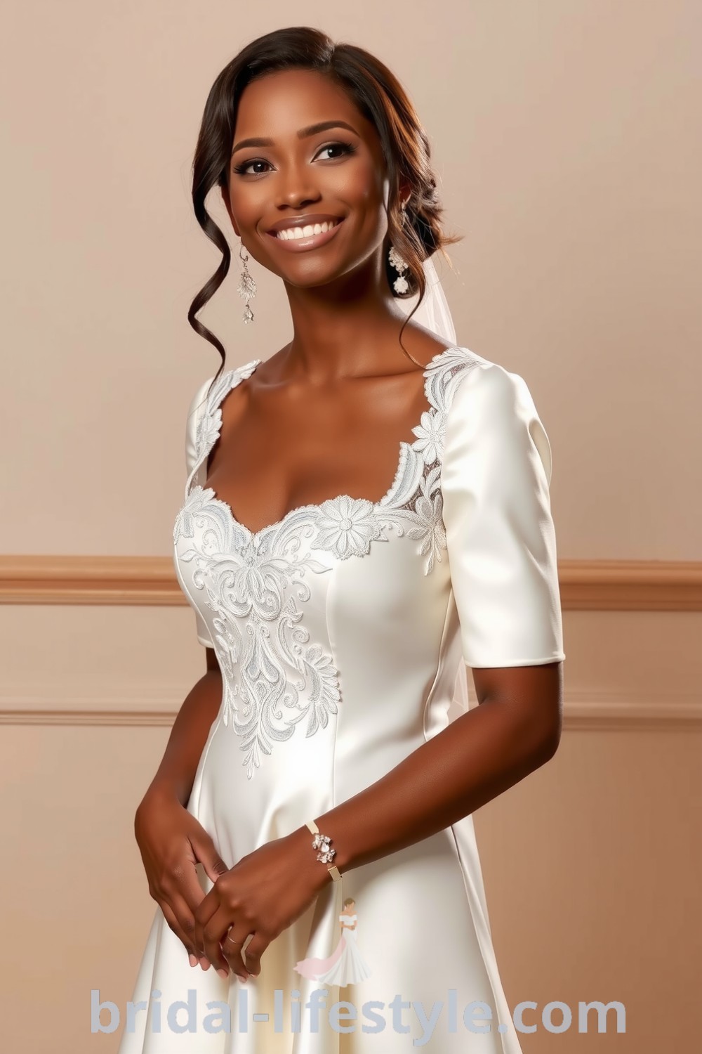 Fit and flare wedding dress with a square neckline, luxurious satin fabric, and intricate lace appliqués, perfect for dreamy brides seeking elegant aesthetic ideas for their special day. bridal-lifestyle.com
