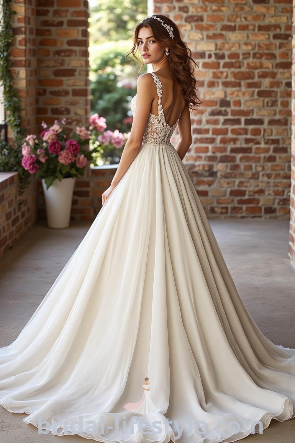 A-line wedding dress with intricate lace appliqués, fitted bodice, draped skirt, delicate V-neckline, and sheer back with buttons, available at bridal-lifestyle.com.