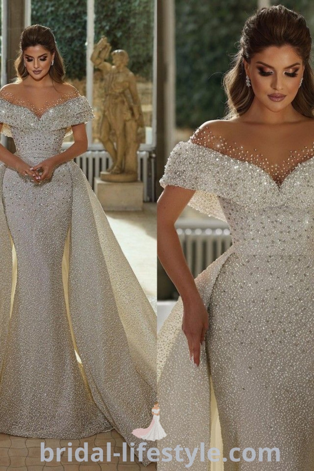 An elegant boujee wedding dress with open shoulder and long sleeves, showcasing the latest bridal trends. This 2 in 1 wedding gown features a detachable train for versatility, ideal for stylish brides. Explore more wedding dress aesthetics at bridal-lifestyle.com.