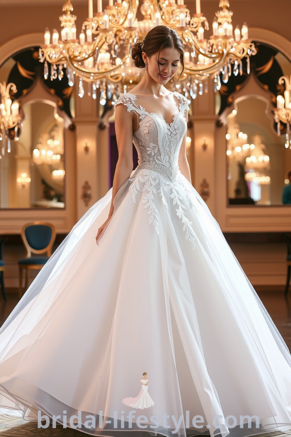 Princess-style wedding dress with intricate lace appliqués, flowing tulle skirt, and enchanting silhouette, perfect for dreamy brides seeking elegance. bridal-lifestyle.com