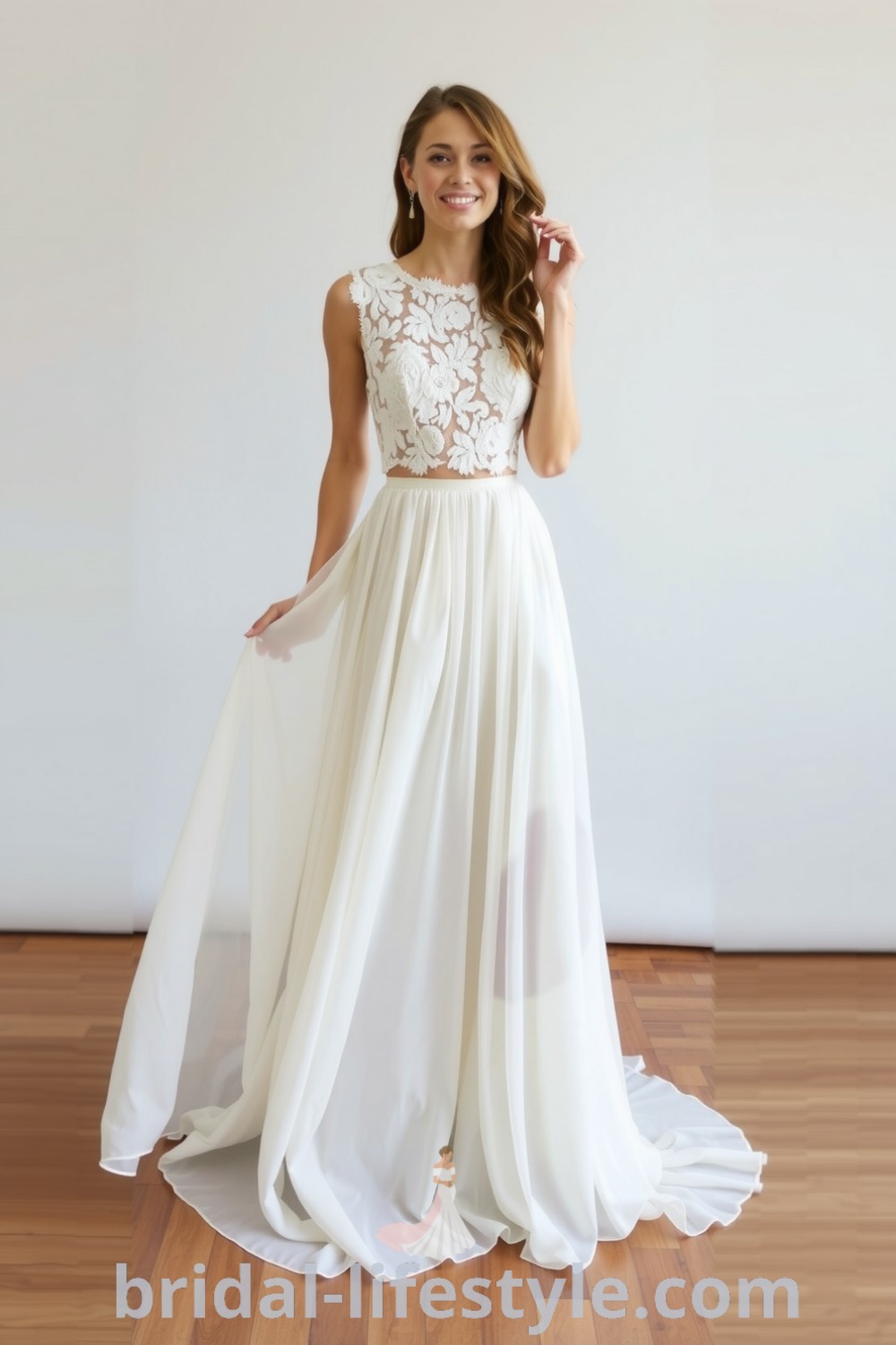 Two-piece boho wedding dress with lace crop top and flowing chiffon maxi skirt, featuring floral patterns and graceful movement, perfect for romantic outdoor ceremonies. bridal-lifestyle.com