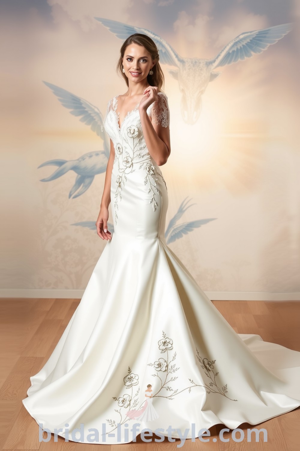 Elegant mermaid wedding dress made of satin and lace, showcasing intricate detailing and floral appliqués, featuring a detachable skirt for versatility. bridal-lifestyle.com