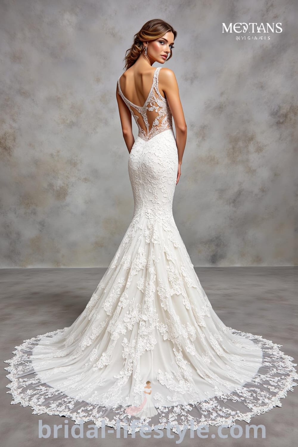 Mermaid lace wedding dress with sweetheart neckline, intricate lace overlays, soft train, and elegant back featuring lace and buttons. bridal-lifestyle.com