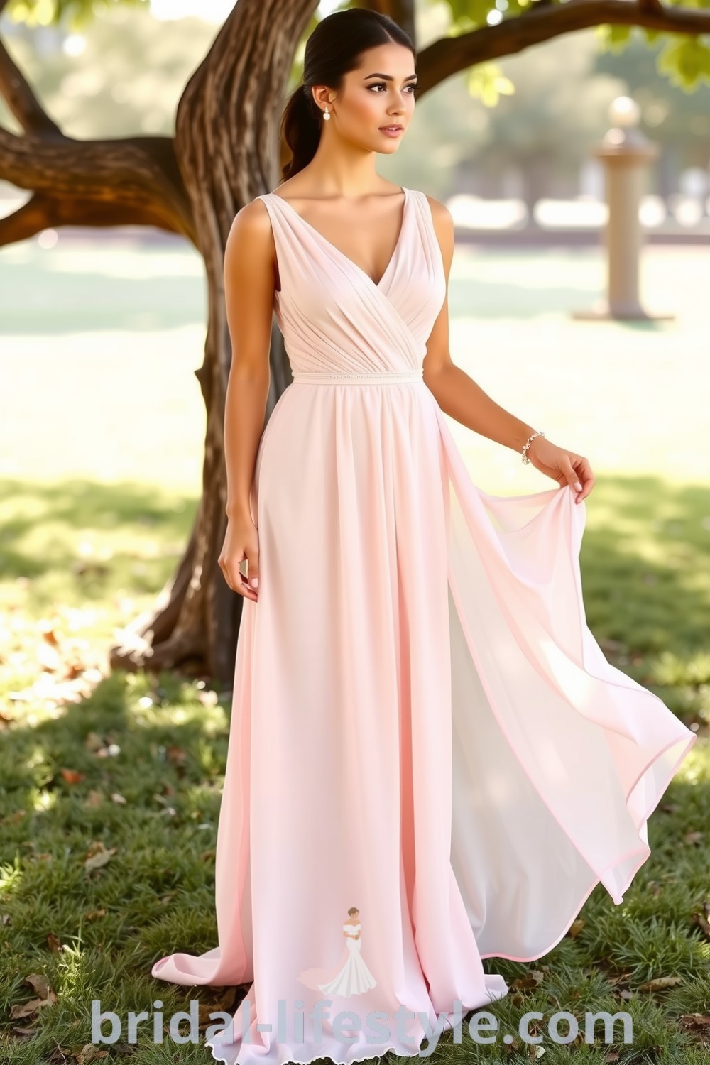 Romantic long chiffon A-line bridesmaid dress on bridal-lifestyle.com, featuring soft flowing layers and elegant design, ideal for dreamy brides and inspiration looks for the special day.