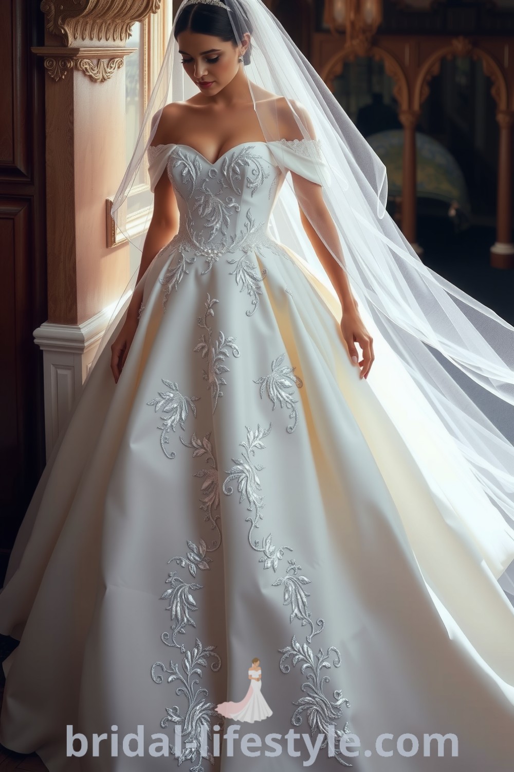 A stunning princess wedding dress featuring a fitted bodice with lace appliqués, voluminous skirt with sequins, soft off-shoulder sleeves, and a sweetheart neckline, perfect for dreamy brides. bridal-lifestyle.com