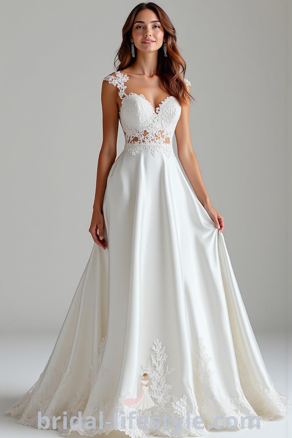 A-line wedding dress with exquisite lace detailing, sweetheart neckline, delicate cap sleeves, and a flowing satin skirt, perfect for a timeless ceremony. bridal-lifestyle.com