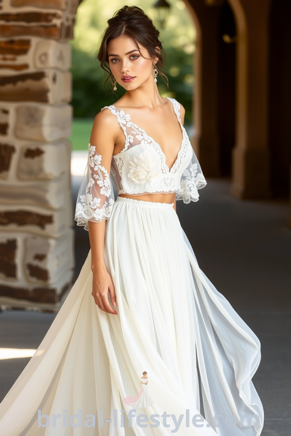 Elegant two-piece boho wedding dress with a lace crop top and silk chiffon skirt, showcasing intricate floral details, perfect for dreamy brides and inspiring looks for the special day. bridal-lifestyle.com