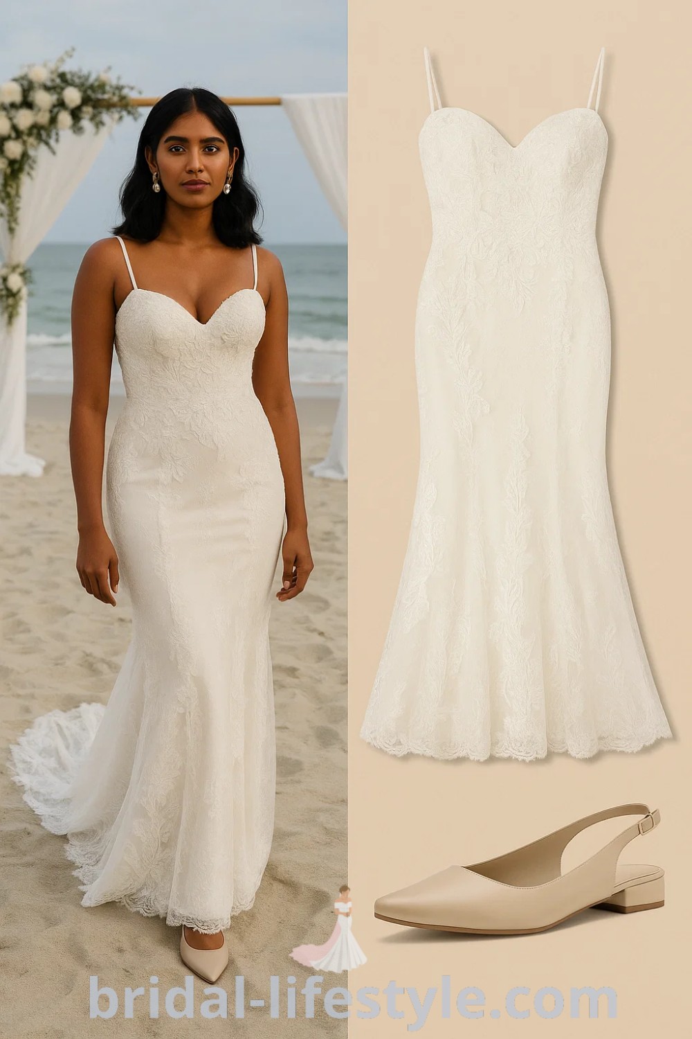 ivory boho beach wedding dress with lace details, fitted mermaid silhouette, beige slingback flats, silver dangle earrings, perfect for weddings and bridal showers at pinshoesoutfits.com