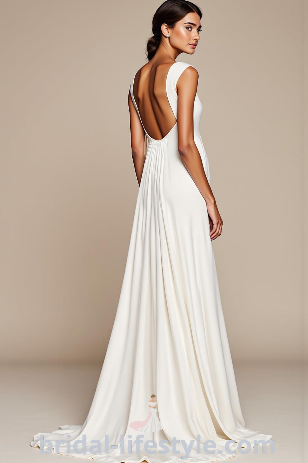 Elegant minimalist wedding dress with a sleek floor-length silhouette, luxurious satin fabric, subtle boat neckline, delicate cap sleeves, and a striking open back. bridal-lifestyle.com