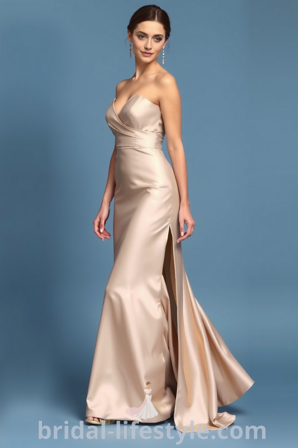 Timeless long satin bridesmaid dress showcased on bridal-lifestyle.com featuring a dramatic side slit, perfect for dreamy brides and elegant inspiration looks for the special day.
