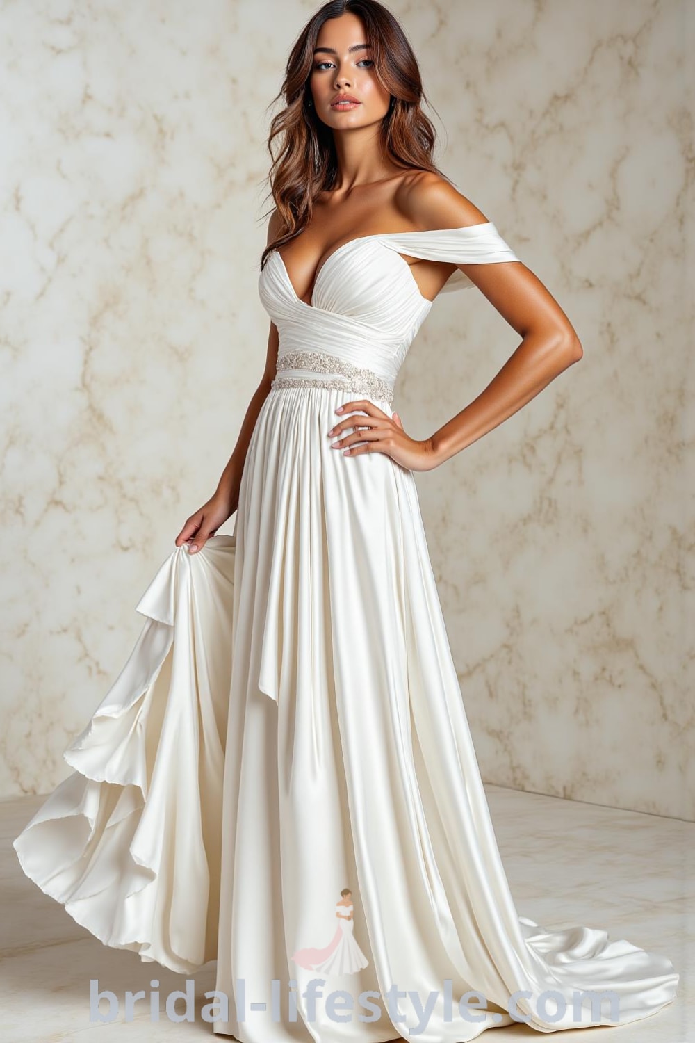 A-line wedding dress made of luxurious satin with a sweetheart neckline, subtle pleats, flowing skirt, and soft train. bridal-lifestyle.com