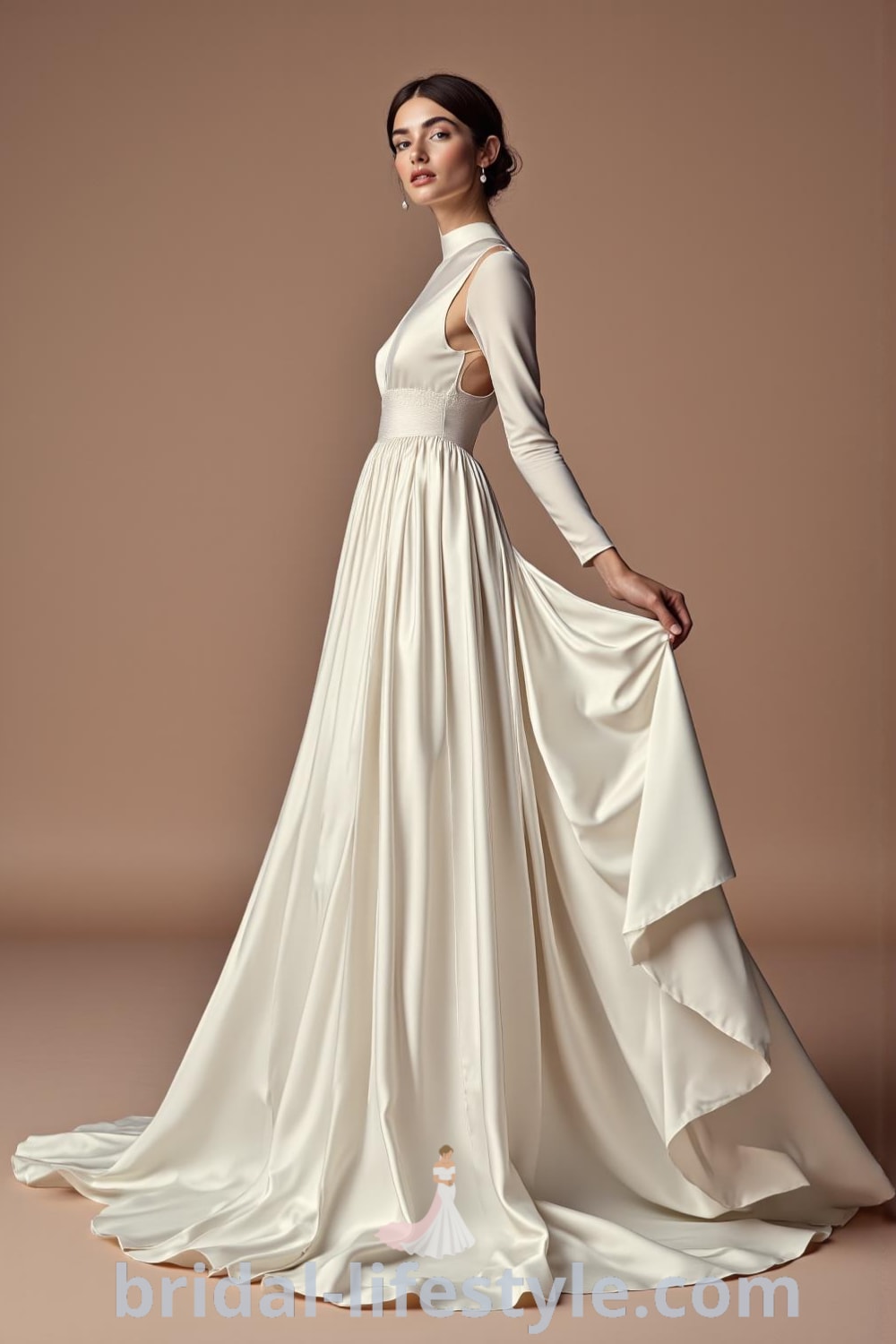 Minimalist long sleeve wedding dress made of satin, featuring a flattering empire waist, high neckline, and buttoned back detail. bridal-lifestyle.com
