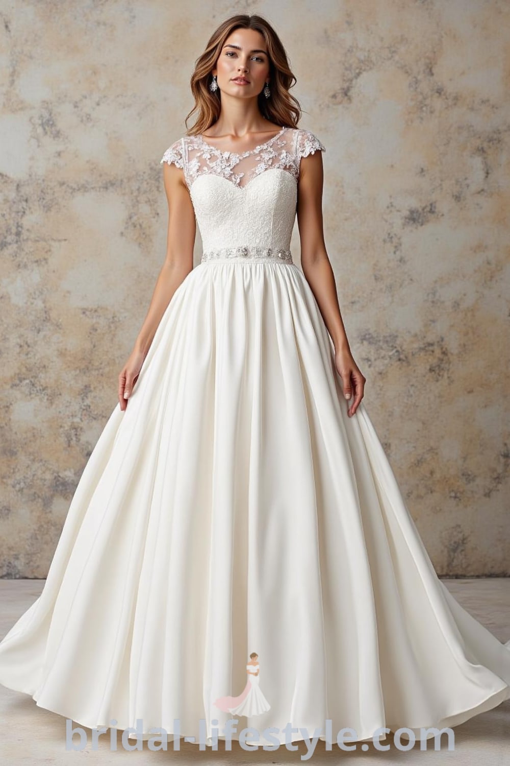 A-line wedding dress featuring fitted lace bodice, cap sleeves, flowing satin skirt, and scoop back with small buttons. bridal-lifestyle.com